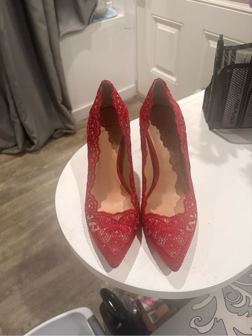INC International Concepts Red Lace Pointed-Toe Pumps